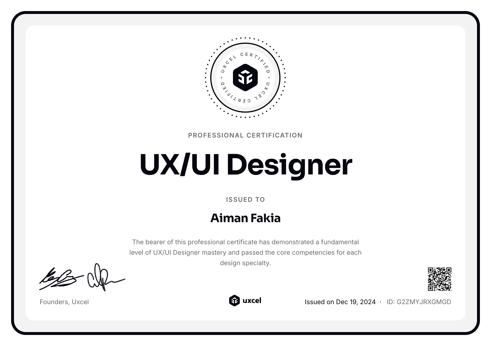 Aiman Fakia's certificate
